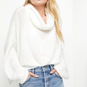 Free People White Crew Neck Sweater with Balloon Sleeves